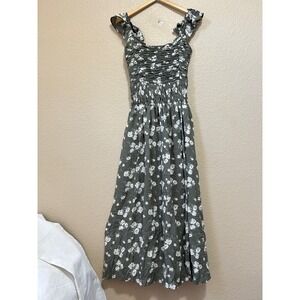 And Now This M Floral Smocked Midi Dress Olive Green Ruffle Boho Cottagecore
